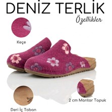 Deniz Terlik Kadın Keçe Yumuşak Hafif Ortopedi Kaymaz Tabanlı Çiçek Desenli Kışlık Ev Terliği