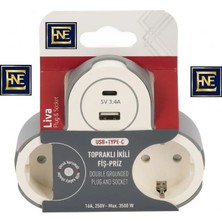 Enfe_topraklı Ikili Fiş Priz 1xusb + 1xtypec Golyat Tipi Masaüstü Gömmeli Şık Tasarım Priz Çoğaltıcı