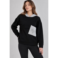 Sortie Collection Kadın Triko Kapüşonlu ve Cepli Pamuklu Sweatshirt Siyah