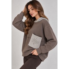 Sortie Collection Kadın Triko Kapüşonlu ve Cepli Pamuklu Sweatshirt Kakao