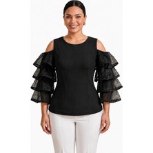 Rocmay Büyük Beden Organze Volan Kol Elegant Bluz