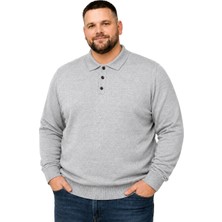 Battal Moda Erkek Büyük Beden Gri Düğmeli Polo Yaka Triko Kazak 3xl-4xl-5xl-6xl