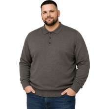 Battal Moda Erkek Büyük Beden Koyu Vizon Düğmeli Polo Yaka Triko Kazak 3xl-4xl-5xl-6xl