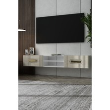 Dekortis Home Dekor 180DHDTDAR8BTA Luna Duvara Monte Pleksi Lazer Desen Kapaklı Tv Sehpası Beyaz-Traverten-Altın