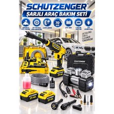 SCHUTZENGER T1 Çift Akülü Şarjlı 21V Araç Yıkama Makinesi ve Çift Pistonlu Işıklı Hava Kompresör Sarı Araba Seti