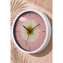 JHAAR Pembe Papatya Modern Duvar Saati - Orta Boyut 25 cm - Beyaz Kasa - Camlı Sessiz