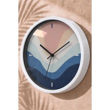 JHAAR Pastel Dağ Manzaralı Modern Duvar Saati - Orta Boyut 25 cm - Beyaz Kasa - Camlı Sessiz