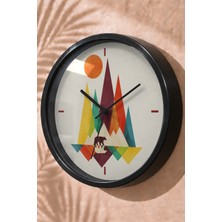 JHAAR Renkli Geometrik Dağ Figürlü Modern Duvar Saati - Orta Boyut 25 cm - Siyah Kasa - Camlı Sessiz