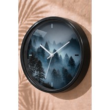 JHAAR Sisli Dağ ve Orman Manzaralı Modern Duvar Saati - Orta Boyut 25 cm - Siyah Kasa - Camlı Sessiz
