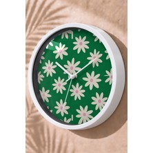 JHAAR Yeşil Beyaz Papatyalar Modern Duvar Saati - Orta Boyut 25 cm - Beyaz Kasa - Camlı Sessiz