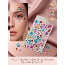 Bear & Pear Renkli Papatya ve Yuvarlak Formlu Yüz Taşı Seti - Kendinden Yapışkanlı Parlak Kristal Festival Makyaj Taşı