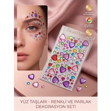 Bear & Pear Renkli Kalp Figürlü Yüz Taşı Seti - Kendinden Yapışkanlı Parlak Kristal Festival Makyaj Taşı