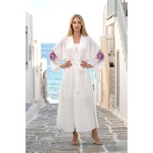Keyifli Moda Beyaz Sırtı ve Kolları Nakışlı Püsküllü Uzun Kimono