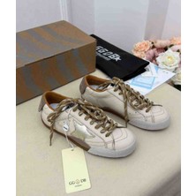 Golden Goose Hakiki Deri Yıldız Logolu Günlük Kadın Sneaker Ayakkabı - Krem/taba