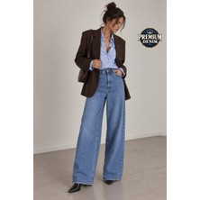 Vadon 1057 Kadın Yüksek Bel Pis Geniş Paça Wide Leg Jean Pantolon Mavi
