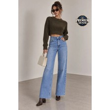 Vadon 1056 Kadın Yüksek Bel Pis Paça Wide Leg Jean Pantolon Mavi