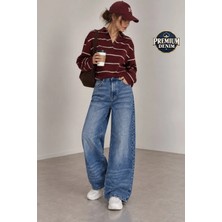 Vadon 1058 Kadın Yüksek Bel Baggy Fit Jean Pantolon Mavi
