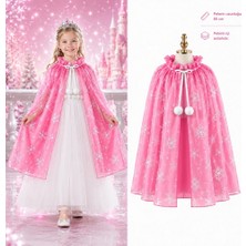 Raftan Topla Kar Tanesi Desenli Pembe Elsa Pelerini - Astarlı Frozen Pelerini 85 cm