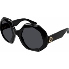 Gucci GG1242S 001 57-24 Kadın Füme Mat Camlı Siyah Asetat Geometrik Güneş Gözlüğü