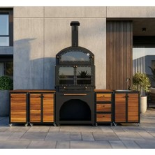 ThermAir Lüks Tekerlekli Modüler Barbekü Seti - Fırınlı, Evyeli Ahşap Tezgahlı Modüler Mutfak