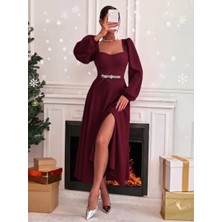 Mass Fashion Kadın Taş Detaylı Maxi Boy Yırtmaçlı Elbise