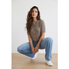 Gns Store Bisiklet Yaka Saç Örgü Kısa Kol Kadın Triko Hırka Dokulu Premium Kalite Gnsstore