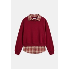 It's Basic Kadın Bordo W6-35 Oversize Ekose Gömlek Detaylı Tasarım Sweatshirt