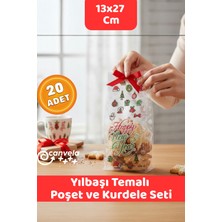 İstisna 20 Adet Yılbaşı Temalı 13X27,5 cm Opp Yapışkansız Poşet ve Kurdele Seti