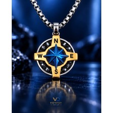 Voyage Accessory Paslanmaz Çelik Sarı Lacivert  Renk Detaylı Minimal Tasarım Kristal Taşlı Pusula Kolye