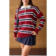 Çizgili Oversize Kolej Stil Polo Yaka Kazak