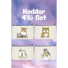 St. Morritz Sevimli Kedi Baskılı Çoklu Çanta Seti, Makyaj, Kalemlik ve Cüzdan Dahil