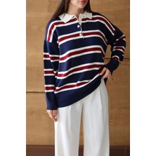 Çizgili Oversize Kolej Stil Polo Yaka Kazak