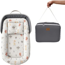 Çantalı Baby Nest Safari Hayvan Desenli Yenidoğan Babynest Taşınabilir Anne Yanı Yatağı Koyu Gri
