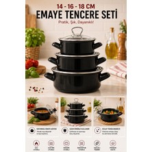 Emaye Market 3’lü Siyah Emaye Mini Tencere Seti Cam Kapaklı 14-16-18 cm