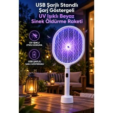 USB Şarjlı Standlı Şarj Göstergeli Uv Işıklı Beyaz Sinek Öldürme Raketi