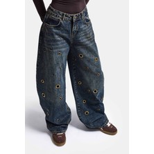 It's Basic Kadın Kot Rengi 4W6-11 Barrel Fit Kuş Gözü Detaylı Özel Tasarım Denim Jean