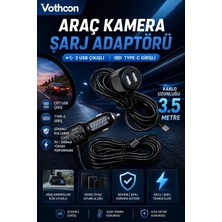 Aslanoğlu Store Araç Kamera Şarj Adaptörü 2 Usb’li Type-C Girişli 3.5 Metre Kablo Uzunluğu(Ürün Kamera Değildir)