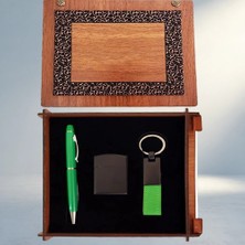 Aslanoğlu Store Şık Ahşap Kutulu Kalem Anahtarlık ve Çakmak Seti