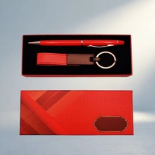 Aslanoğlu Store Şık Kırmızı Deri Anahtarlık ve Kalem Seti