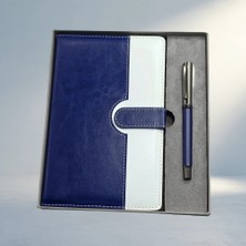 Aslanoğlu Store Şık Mavi Beyaz Defter ve Metal Kalem Seti Hediye Kutusu