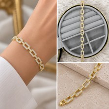 Fm 💎 Premium Parlak ve Şık Zirkon Taşlı Dikdörtgen Halkalı Gold Renk 316L Kadın Bileklik (20cm)