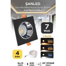 ŞANLED 7W 3 Renkli Sıva Altı Kare Metal  Siyah Krom Kasa Oynar Başlıklı GU10 LED Spot 4 Adet