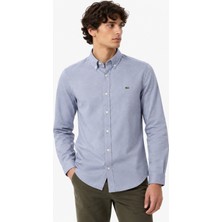 Lacoste Mens Slim Fit Gray Cotton Shirt Dar Kesim Pamuklu Erkek Gömlek Gri