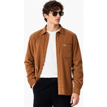 Lacoste Men's Regular Fit Button-Down Cotton Shirt Erkek Düğmeli Yaka Pamuklu Kadife Gömlek Sütlü Kahverengi