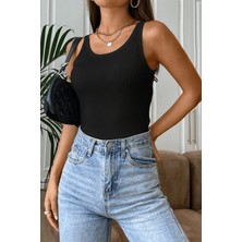 Sofya Passion Siyah Fitilli Basic Atlet Kadın U Yaka Kolsuz Slim Fit Günlük Bluz