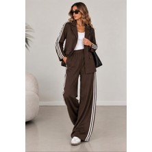 Qimya Butik Buketli Kadın 3 Şeritli Örme Çelik Kumaş Ceket Pantolon Ikili Takım