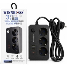 Winnboss 3’lü Akım Korumalı Uzatma Kablosu 2 Metre 2500W 10A USB ve Type-C Çıkışlı Siyah Priz