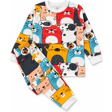 Aliş Kids Erkek Çocuk %100 Pamuklu Renkli Kedi Desenli Uzun Kollu Bisiklet Yaka Pijama Takımı