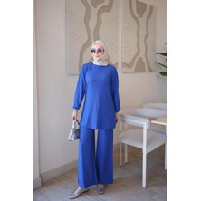 İmaj Butik Saks Mavi Bürümcük Tunik Pantolonlu Takım