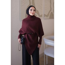 İmaj Butik Bordo Asimetrik Kesim Kemerli Yumuş Triko Kazak